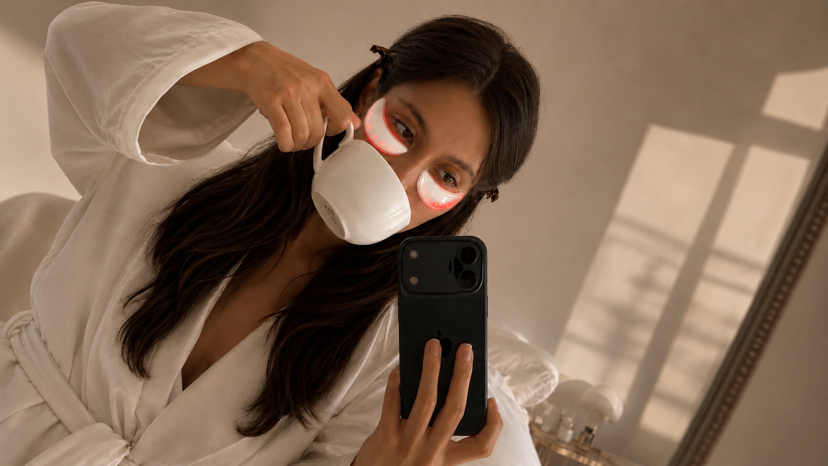 Wearing yumeskin. eye patches with morning coffee